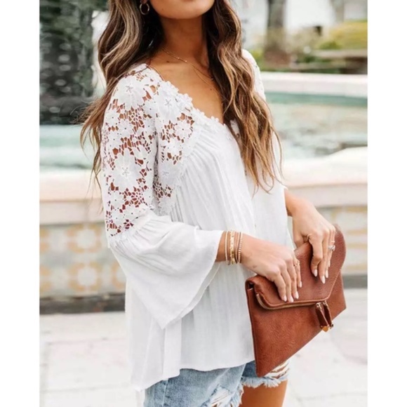 Tops - SOLD OUT White Boho Crochet Lace Button Up Blouse Top